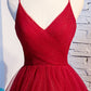 A line Red Ruffles Spaghetti Straps V Neck Prom Dresses Backless Long Evening Dresses Sparkly