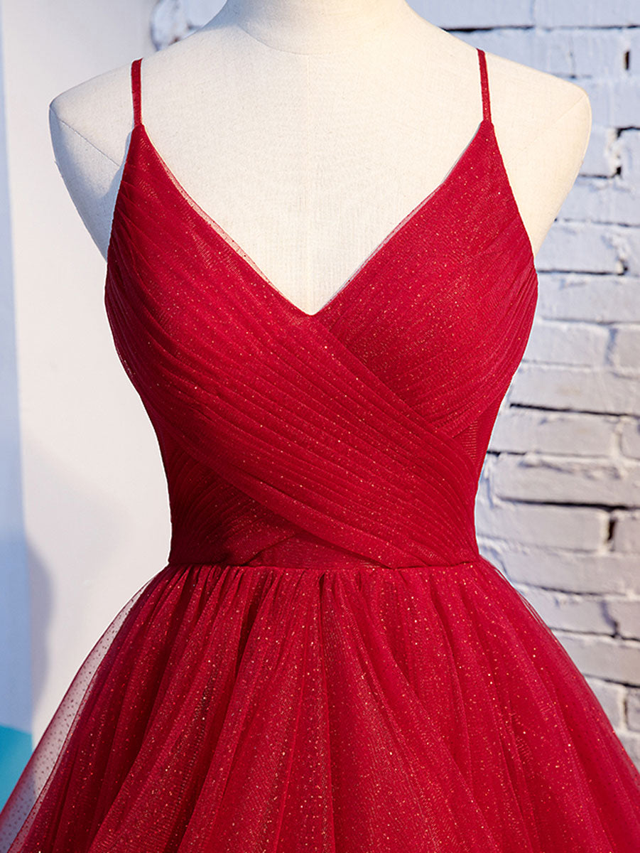 A line Red Ruffles Spaghetti Straps V Neck Prom Dresses Backless Long Evening Dresses Sparkly