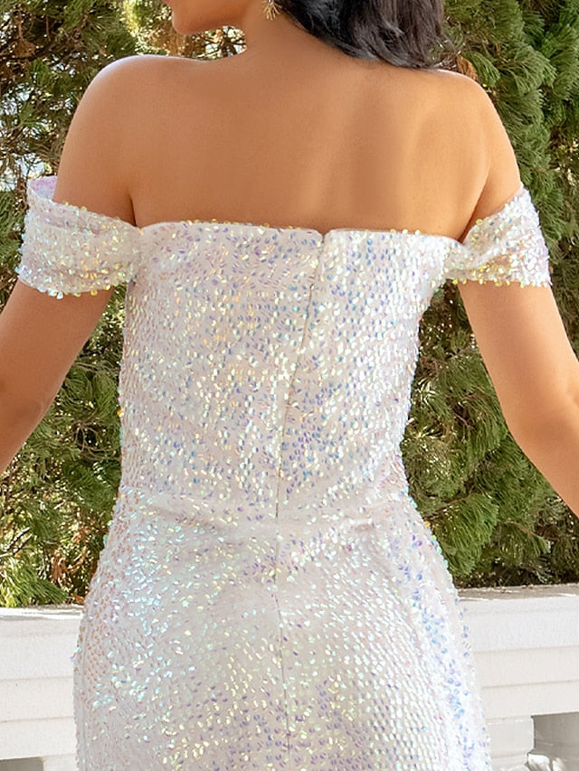 Sheath / Column Evening Gown Sexy Dress Party Wear Sweep / Brush Train Short Sleeve Off Shoulder Sequined