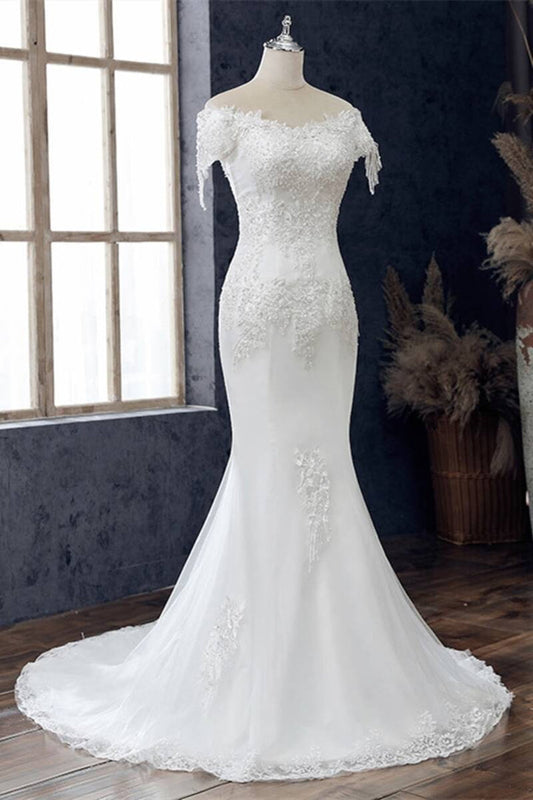 White Appliques Off-the-Shoulder Cap Sleeve Trumpet Wedding Dress Long