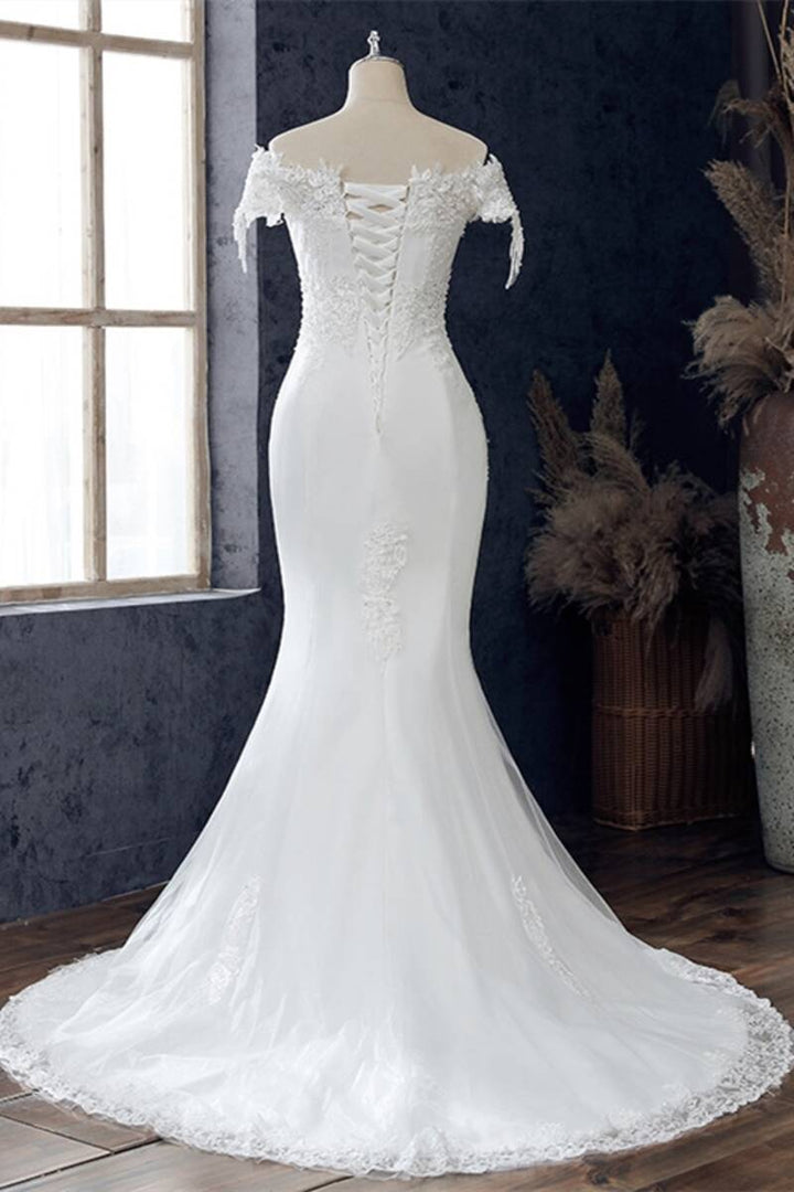 White Appliques Off-the-Shoulder Cap Sleeve Trumpet Wedding Dress Long