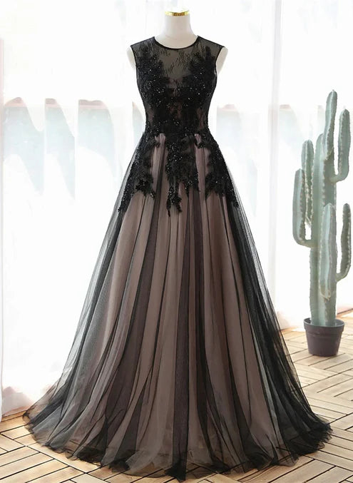 A-line Tulle with Lace Round Neckline Floor Length Party Dress Black Prom Dress Formal Dress