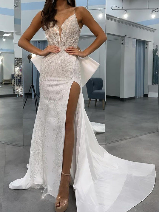 Sheath/Column Spaghetti Straps V-Neck Wedding Dress With Sequins & Split Side Sexy