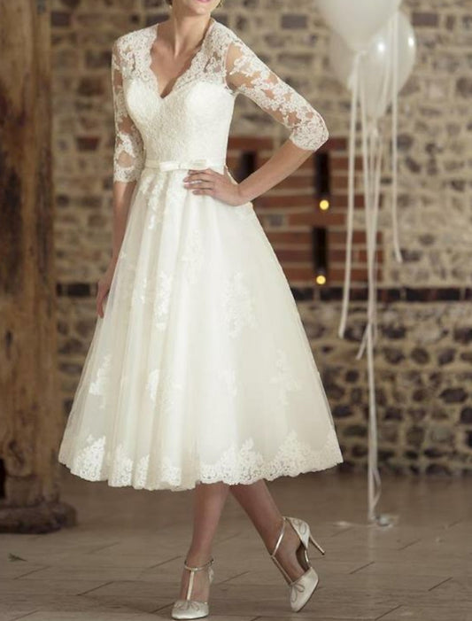 A-Line/Princess V-Neck Tea-Length Lace Wedding Dress Short Elegant Party Dress