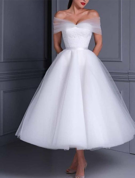 Ball Gown Off-The-Shoulder Tea-Length Lace Wedding Dress Sexy