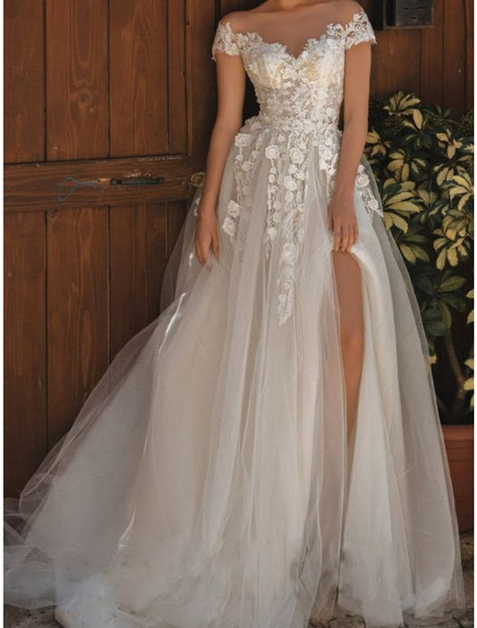 A-Line/Princess Off-The-Shoulder Floor-Length Lace Wedding Dress Sexy