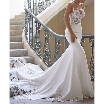 Trumpet/Mermaid V-Neck Floor-Length Lace Wedding Dress Sexy