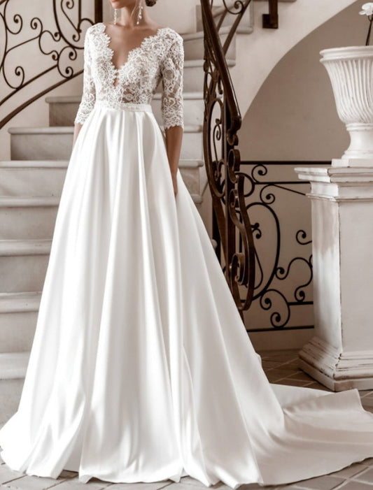A-Line/Princess V-Neck Floor-Length Lace Wedding Dress Sexy