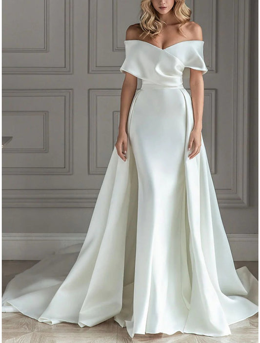 A-Line/Princess Off-The-Shoulder Floor-Length Wedding Dress Pure Color