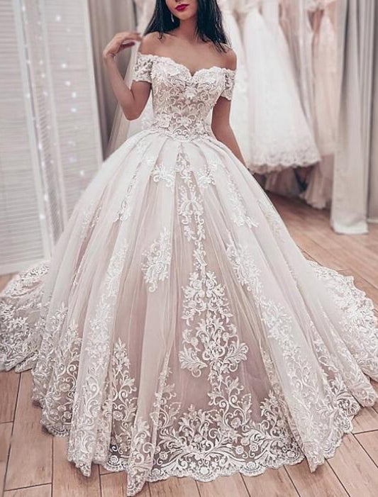 Ball Gown Off-The-Shoulder Floor-Length Lace Wedding Dress Beautiful