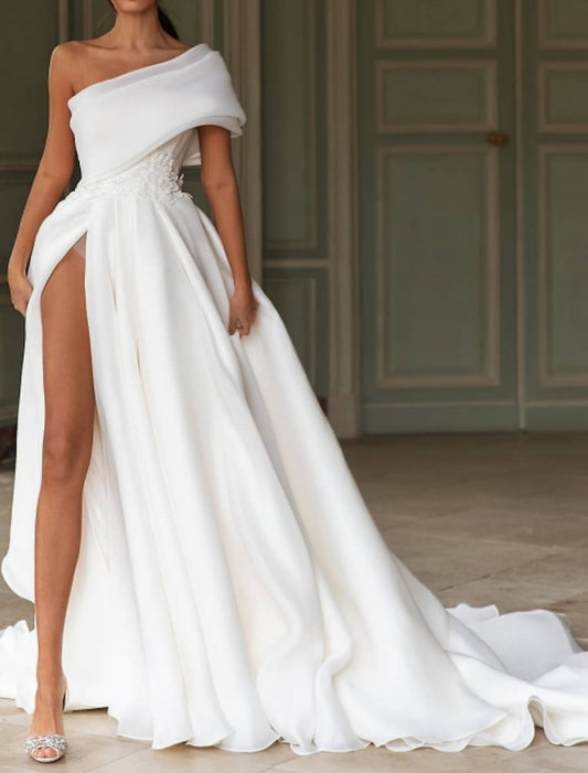 A-Line/Princess One-Shoulder Floor-Length Wedding Dress Sexy