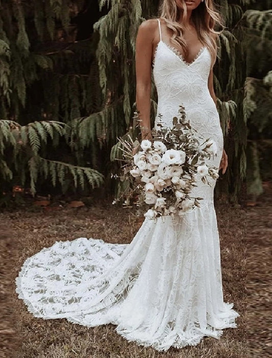 Trumpet/Mermaid Spaghetti Straps Floor-Length Lace Wedding Dress Sexy