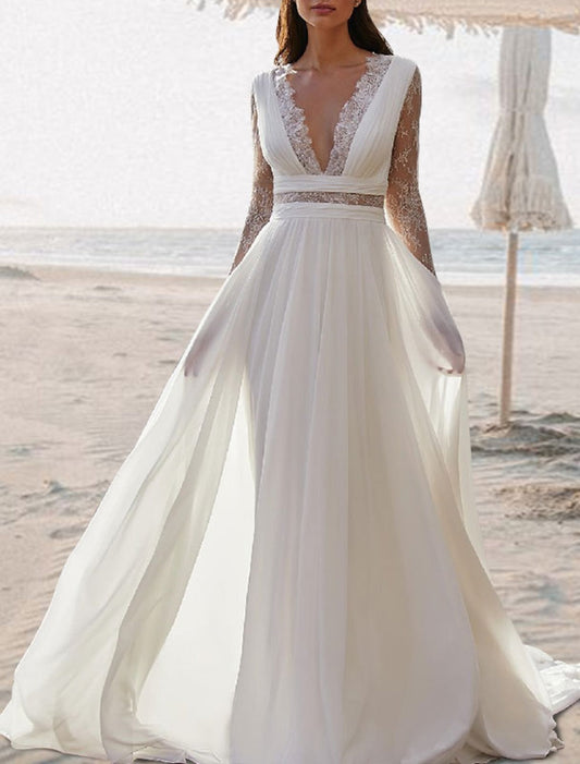 A-Line/Princess V-Neck Floor-Length Lace Wedding Dress Sexy