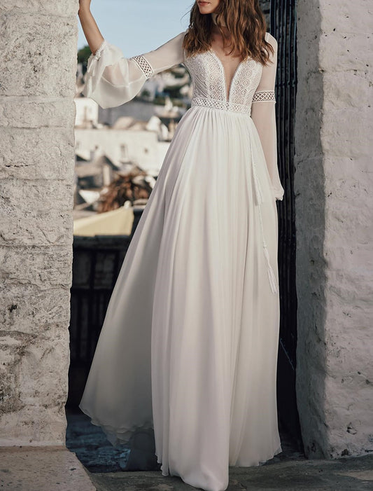 A-Line/Princess V-Neck Floor-Length Lace Wedding Dress Sexy