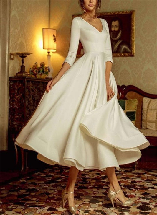 A-Line/Princess V-Neck Tea-Length Wedding Dress Pure Color