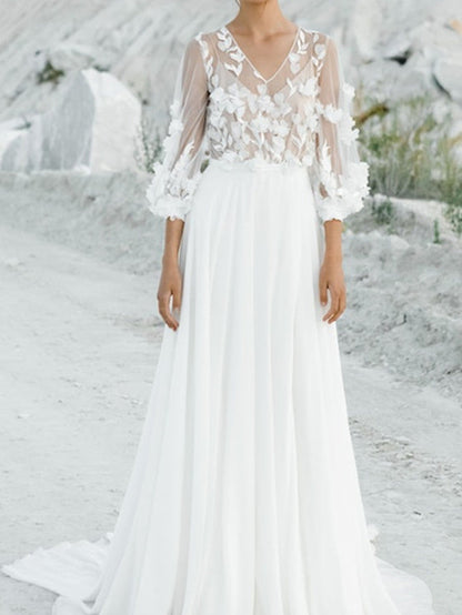 A-Line/Princess V-Neck Floor-Length Wedding Dress With Appliques Beautiful