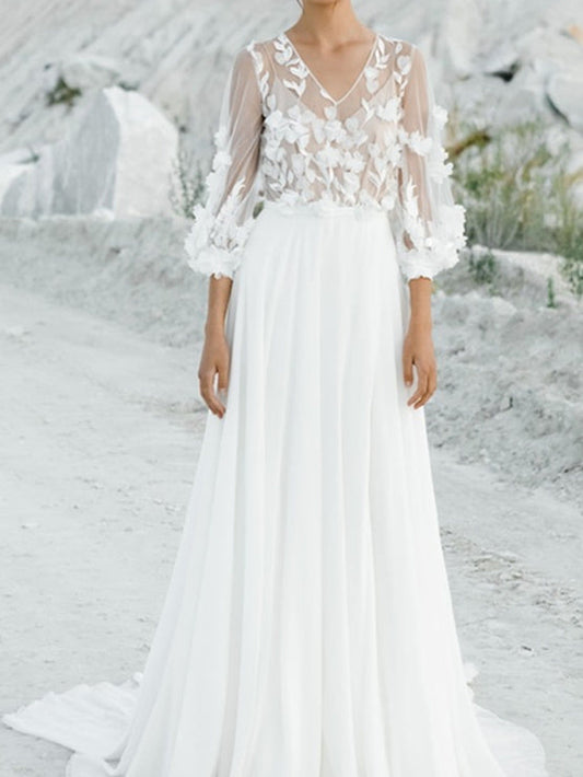 A-Line/Princess V-Neck Floor-Length Wedding Dress With Appliques Beautiful