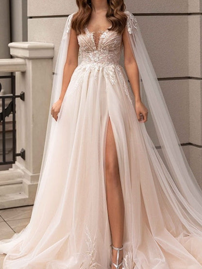 A-Line/Princess V-Neck Floor-Length Wedding Dress With Split Side Sexy