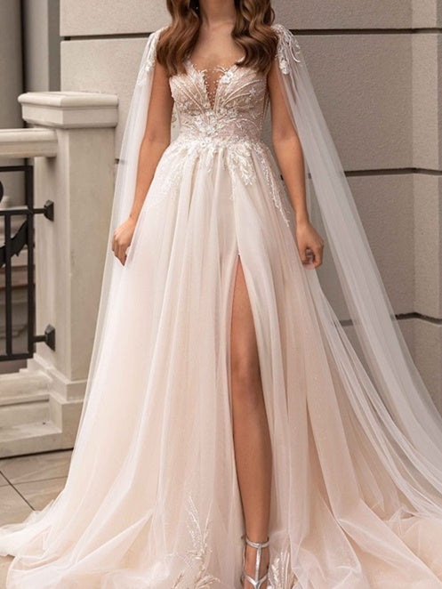 A-Line/Princess V-Neck Floor-Length Wedding Dress With Split Side Sexy