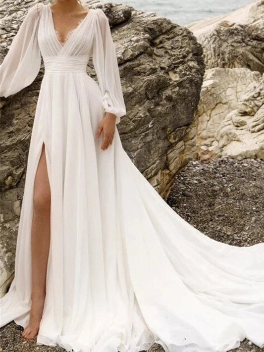 A-Line/Princess V-Neck Floor-Length Wedding Dress With Split Side Sexy
