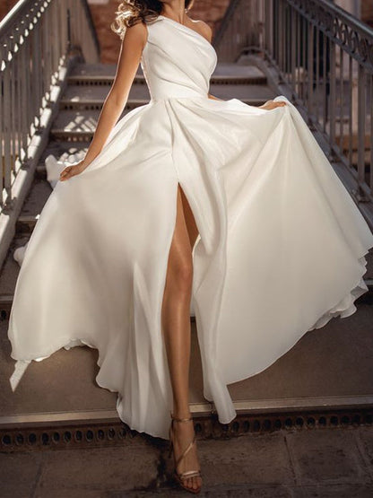 A-Line/Princess One-Shoulder Floor-Length Wedding Dress With Split Side Ivory