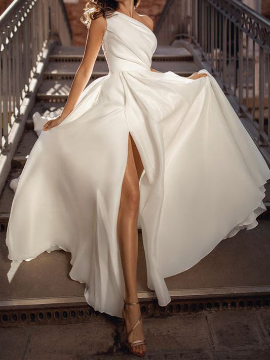 A-Line/Princess One-Shoulder Floor-Length Wedding Dress With Split Side Ivory