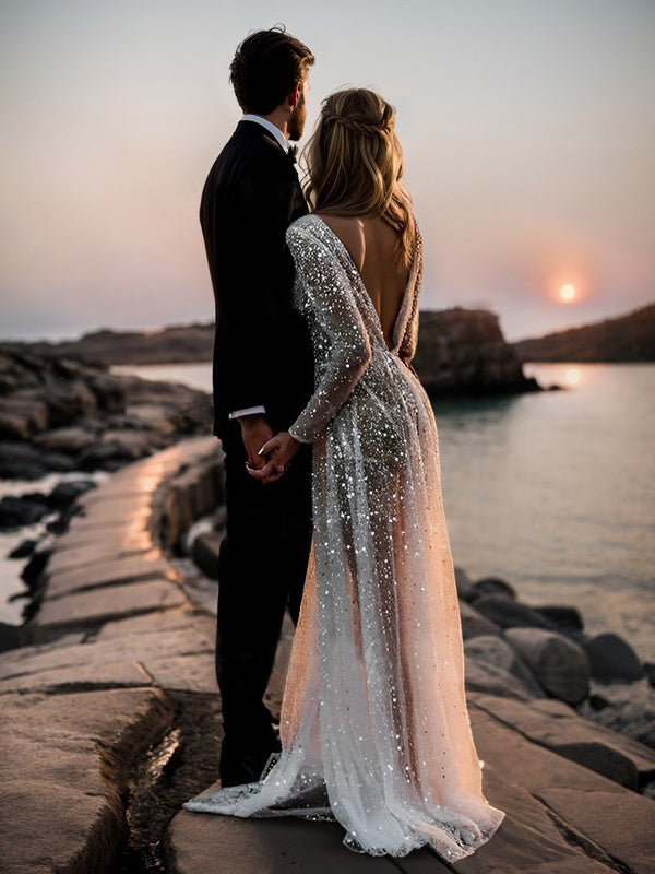 A-Line/Princess V-Neck Long Sleeves Sequins Wedding Dress Charming Evening Party Dress