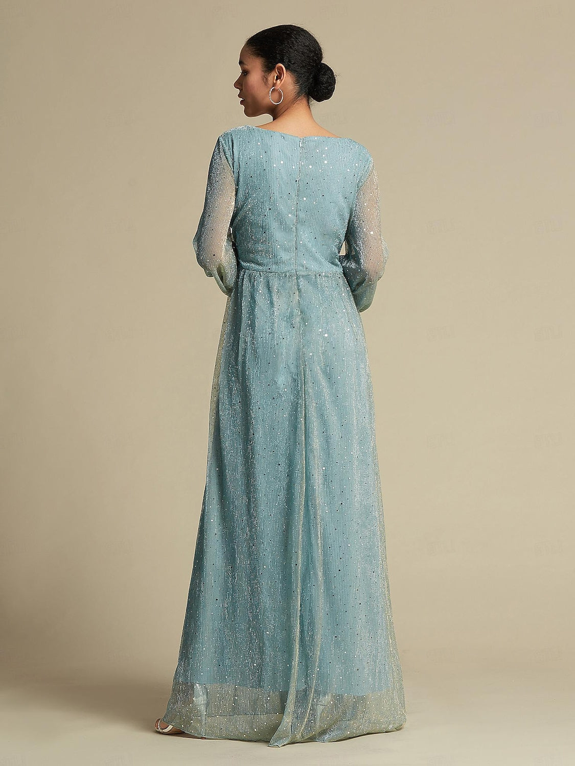 A-Line/Princess V Neck Floor-Length Long Sleeves Party Dresses Wedding Guest Dress Sparkly