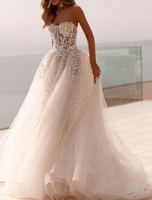 A-Line/Princess Sweetheart Sweep / Brush Train Wedding Dress For Beach Wedding Off Shoulder