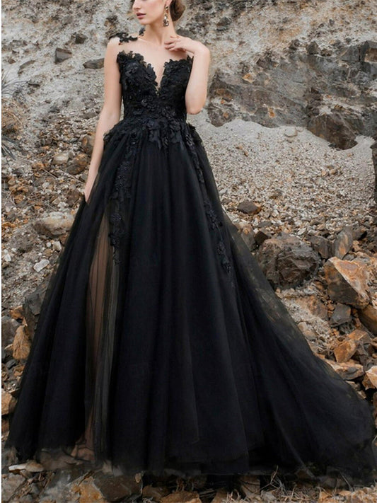 A-Line/Princess V-Neck Court Train Black Wedding Dress Sexy