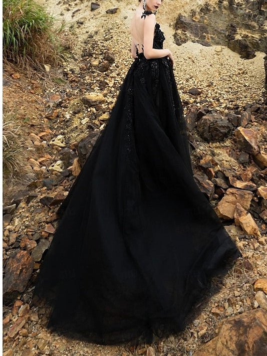 A-Line/Princess V-Neck Court Train Black Wedding Dress Sexy