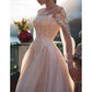 A-Line/Princess Illusion Neck Beach Wedding Dress With Embroidery Appliques Blush
