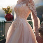 A-Line/Princess Illusion Neck Beach Wedding Dress With Embroidery Appliques Blush