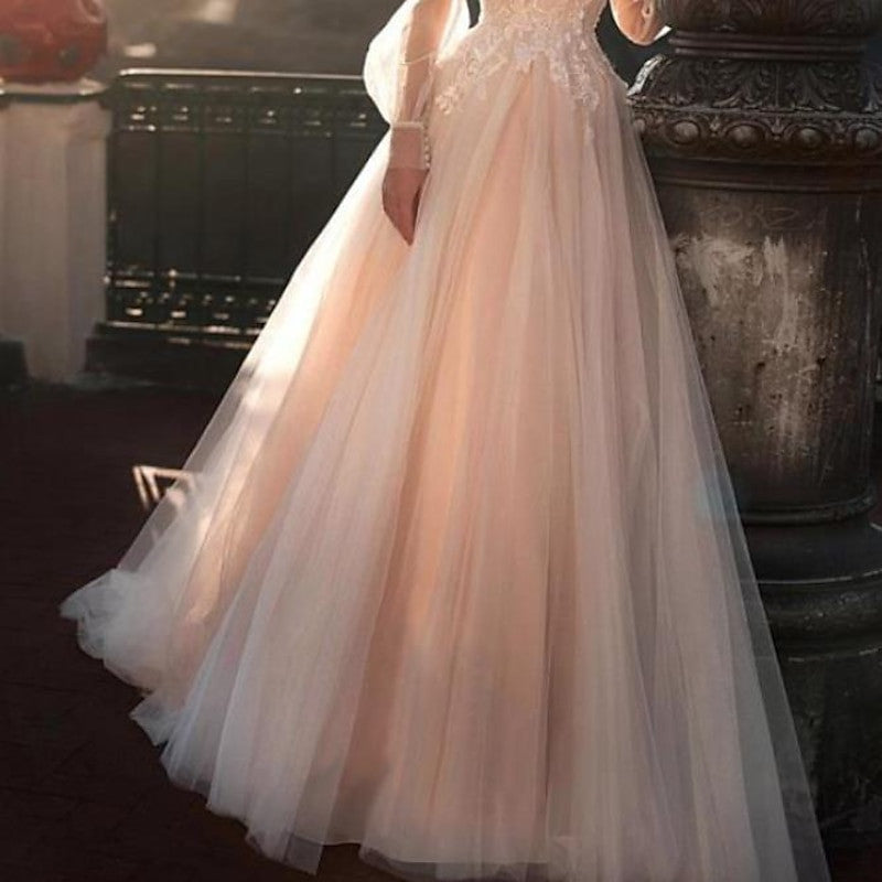 A-Line/Princess Illusion Neck Beach Wedding Dress With Embroidery Appliques Blush