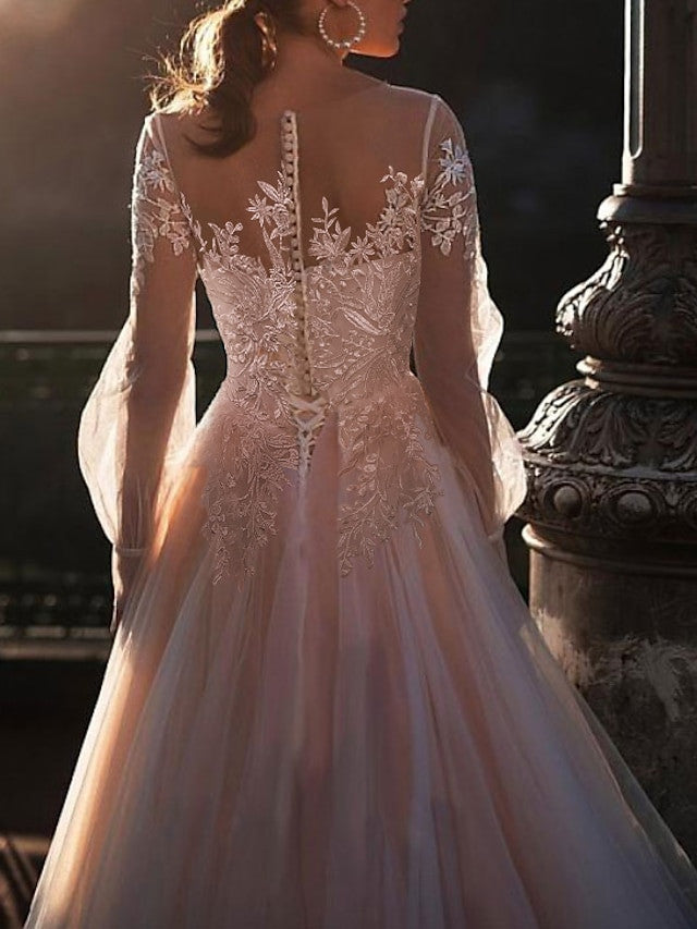 A-Line/Princess Illusion Neck Beach Wedding Dress With Embroidery Appliques Blush