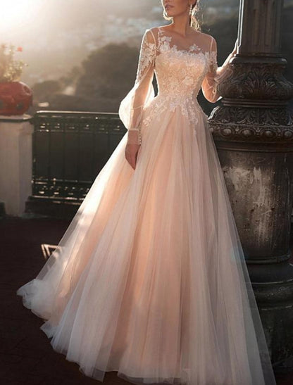 A-Line/Princess Illusion Neck Beach Wedding Dress With Embroidery Appliques Blush