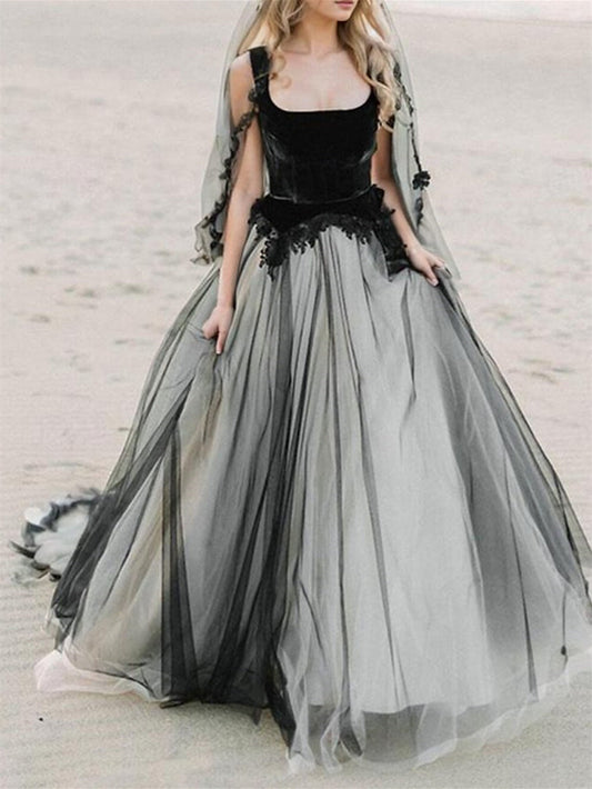 A-Line/Princess Beach Wedding Dress Square Neck Spaghetti Strap Sleeveless With Appliques Black