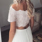 A-Line/Princess Beach Wedding Dress Off-The-Shoulder Short Sleeves With Pleats Ivory