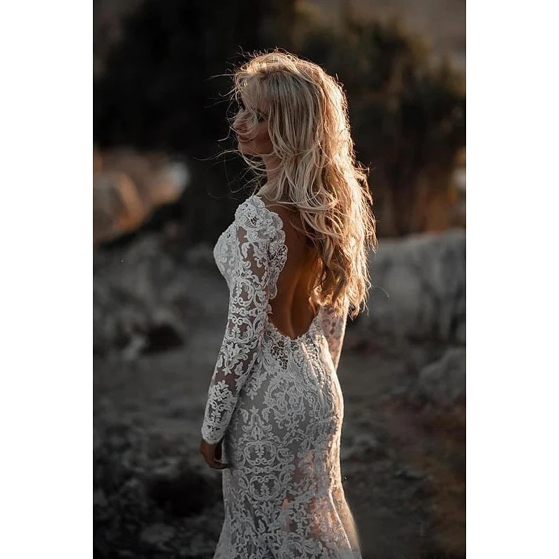 Mermaid / Trumpet V-Neck Long Sleeves Wedding Dresses Court Train With Appliques Sexy