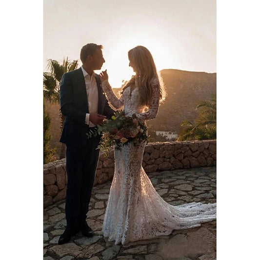 Mermaid / Trumpet V-Neck Long Sleeves Wedding Dresses Court Train With Appliques Sexy