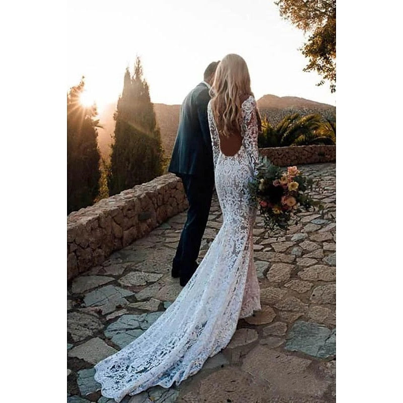 Mermaid / Trumpet V-Neck Long Sleeves Wedding Dresses Court Train With Appliques Sexy