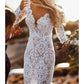Mermaid / Trumpet V-Neck Long Sleeves Wedding Dresses Court Train With Appliques Sexy