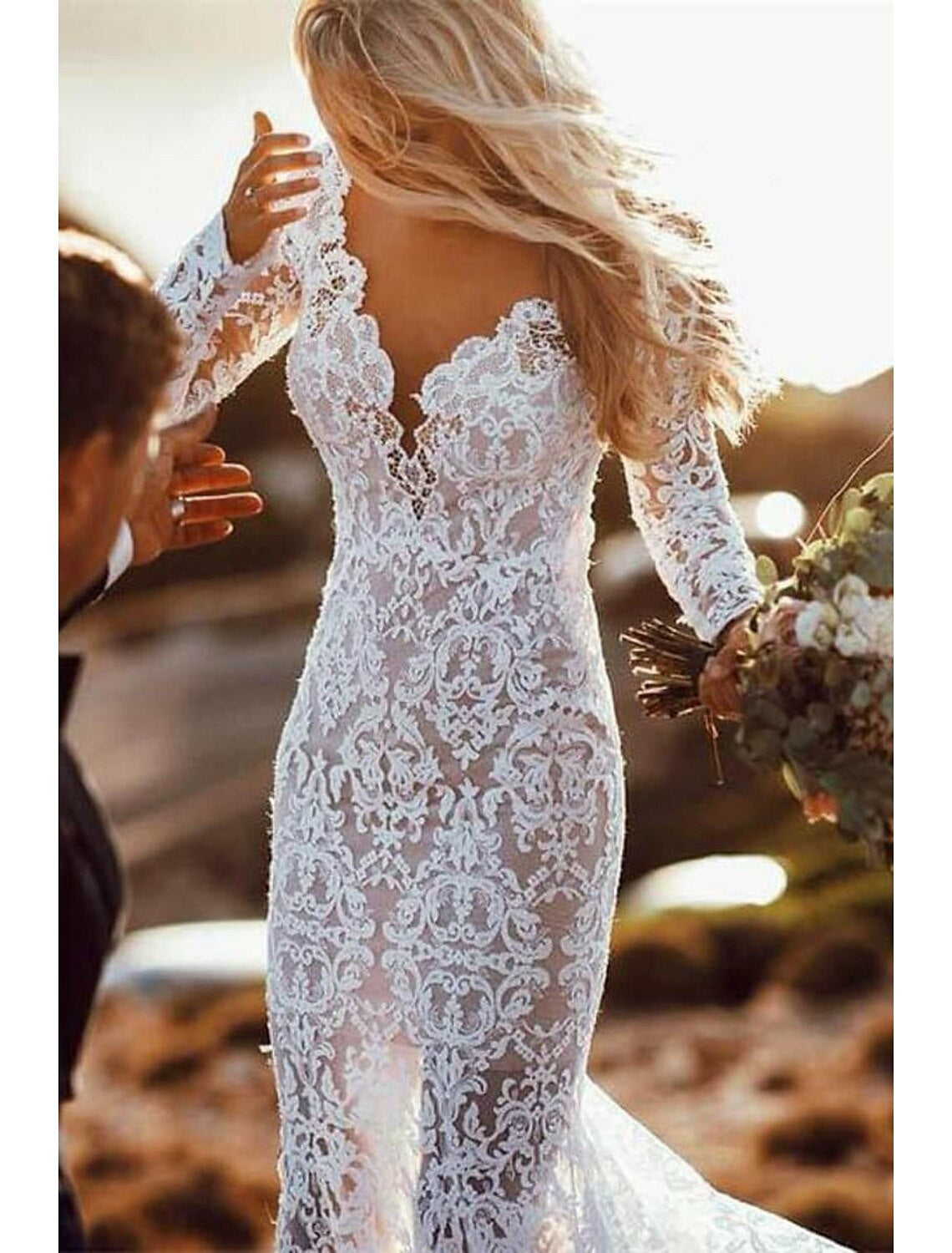 Mermaid / Trumpet V-Neck Long Sleeves Wedding Dresses Court Train With Appliques Sexy