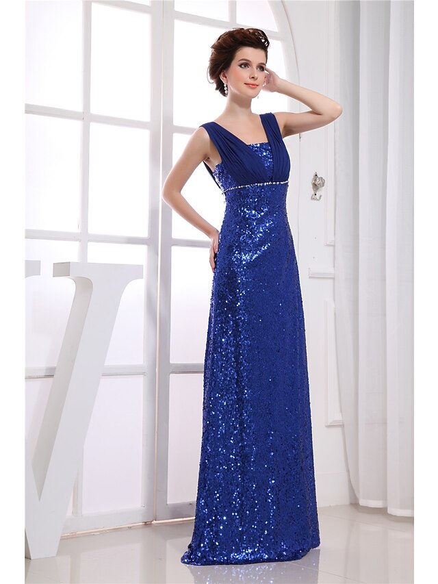 Sheath / Column Sparkle Wedding Guest Engagement Formal Evening Dress V Neck Sleeveless Floor Length Chiffon