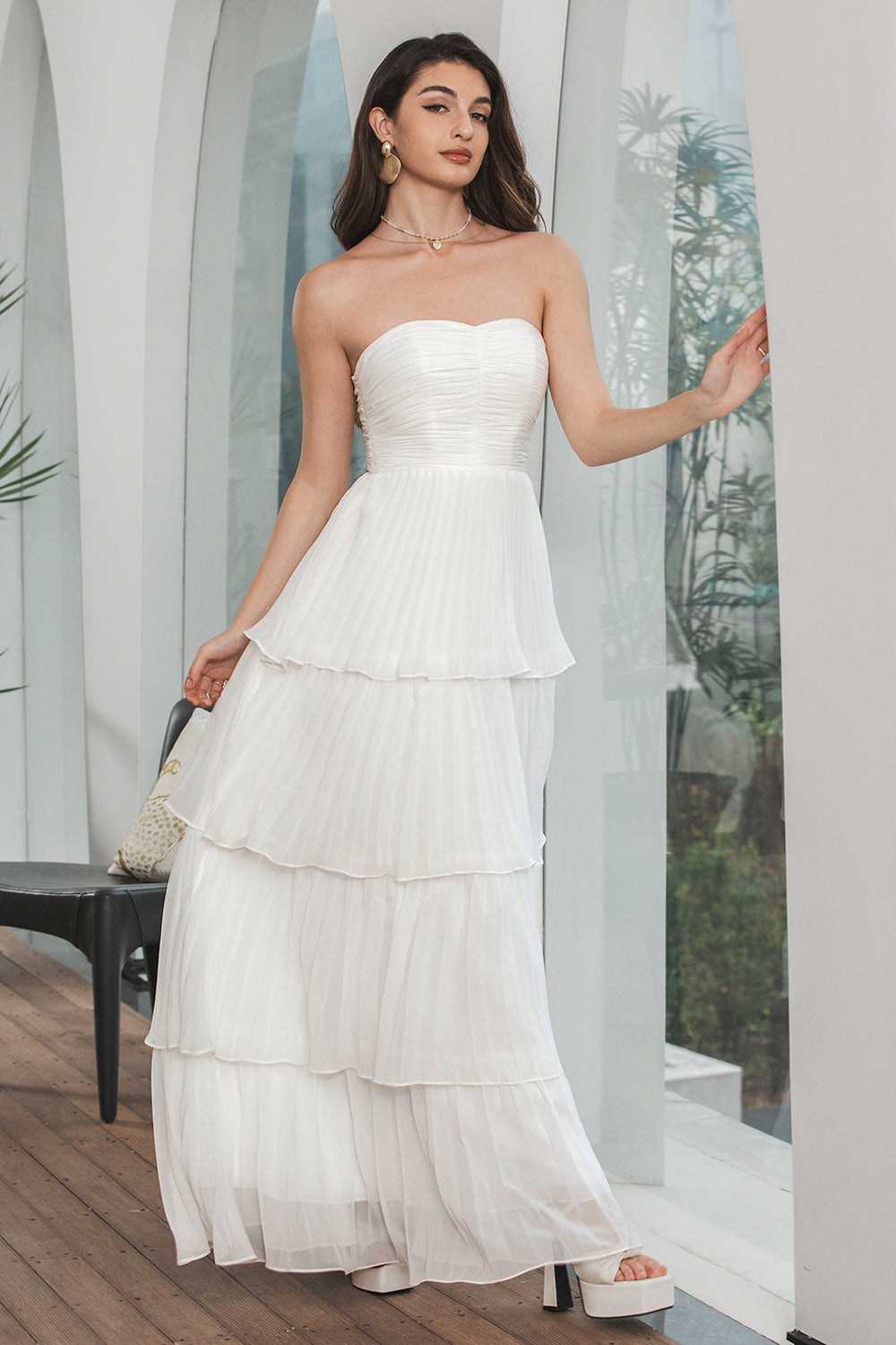 White A-Line Sweetheart Tiered Floor Length Chiffon Prom Dress Off Shoulder Party Dresses