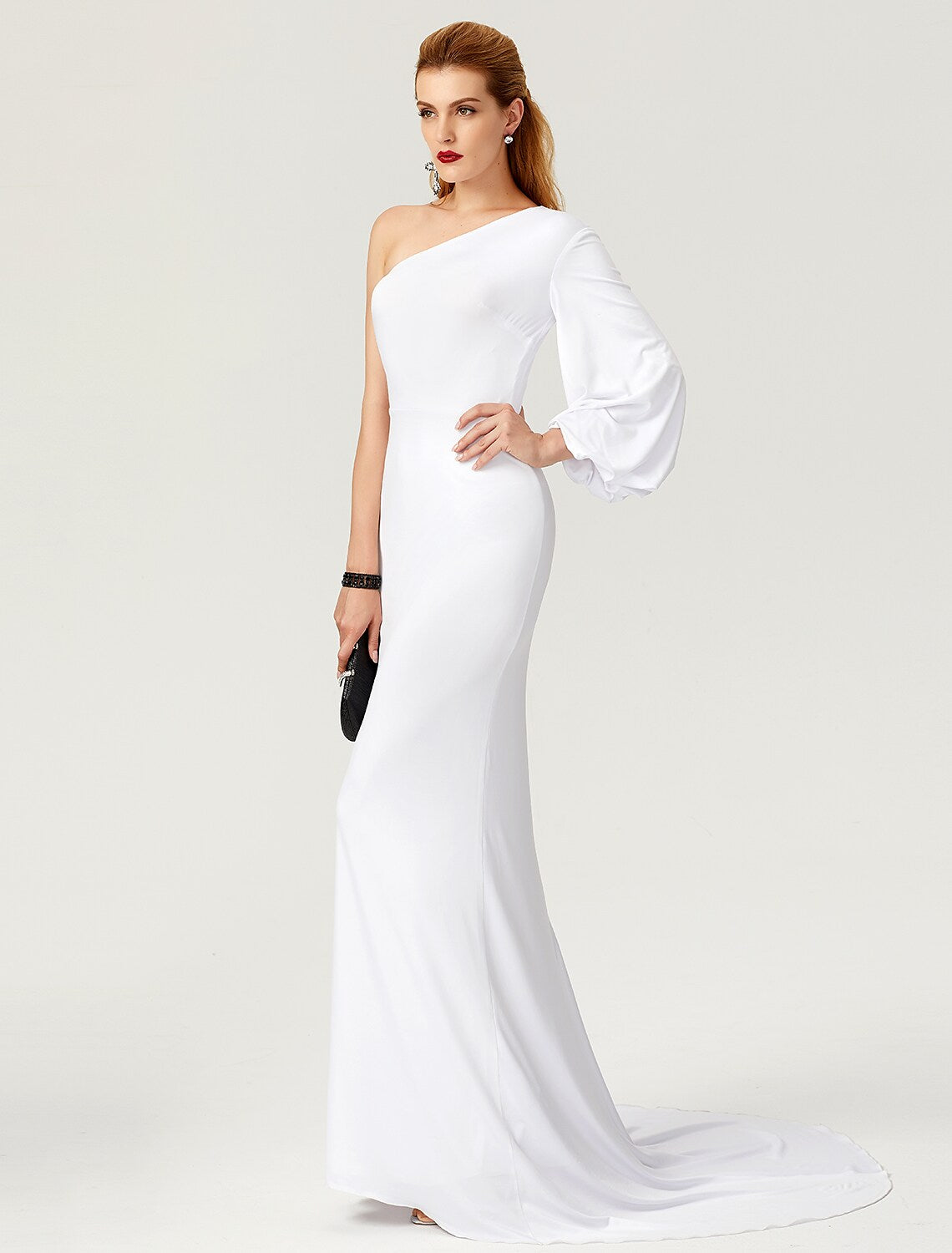 Mermaid / Trumpet Celebrity Style Dress Engagement Court Train Long Sleeve One Shoulder Jersey