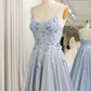Glitter Grey Blue A-Line Spaghetti Straps Long Prom Dress With Appliques Sparkly Evening Dresses