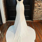 White Cowl Neck Backless Mermaid Long Wedding Dress with Slit Pure Color