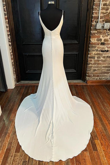 White Cowl Neck Backless Mermaid Long Wedding Dress with Slit Pure Color