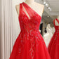 Sparkly Red A-Line One Shoulder Long Prom Dress With Sequins Floor Length